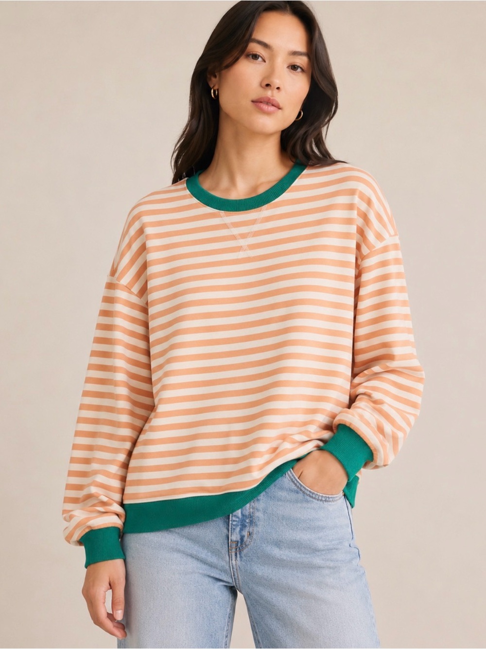 Striped Peach Crewneck Sweater with Green Trim
